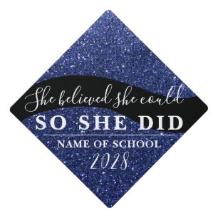 She Believed She Could Black Navy Glitter Sparkles Graduation Cap Topper