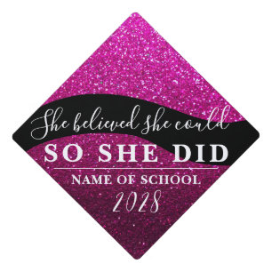 She Believed She Could Black Pink Glitter Sparkles Graduation Cap Topper