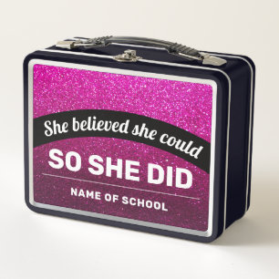 She Believed She Could Black Pink Glitter Sparkles Metal Lunch Box