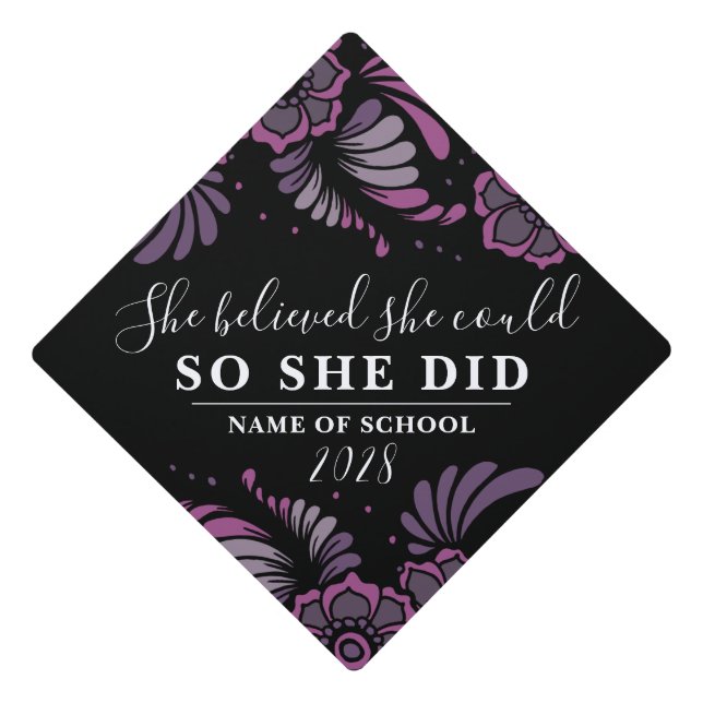 She Believed She Could Black Purple Flower Floral Graduation Cap Topper (Front)