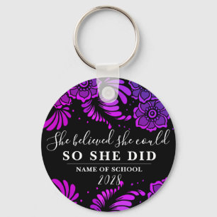 She Believed She Could Black Purple Flower Floral Keychain