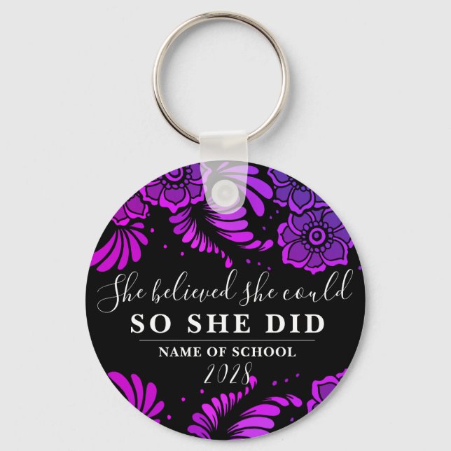 She Believed She Could Black Purple Flower Floral Keychain (Front)