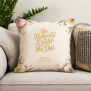 She Believed She Could   Elegant Floral Grad Name Throw Pillow