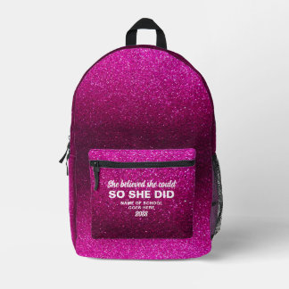 She Believed She Could Hot Pink Glitter Sparkles Printed Backpack