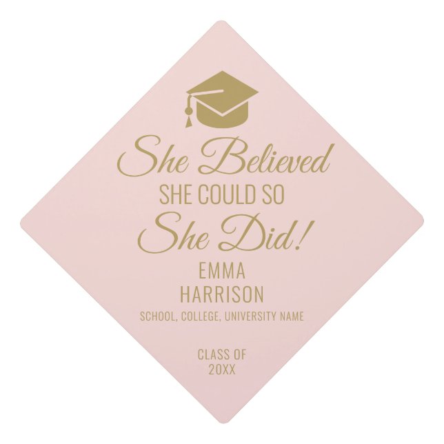She Believed She Could Navy Blush Pink And Gold Graduation Cap Topper (Front)