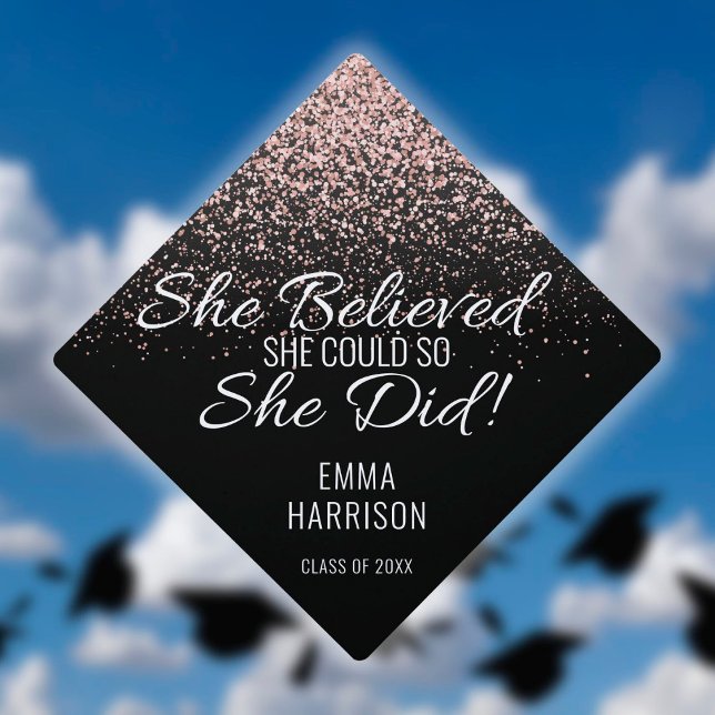 She Believed She Could Pink Glitter Sparkles Name Graduation Cap Topper (Creator Uploaded)