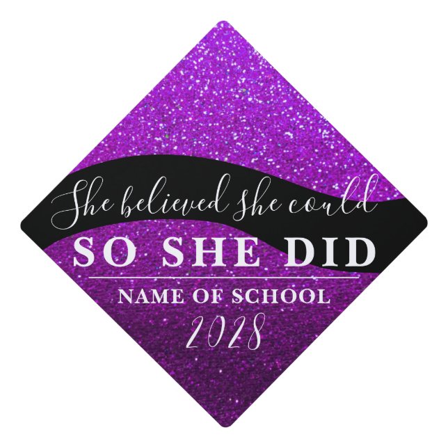 She Believed She Could Plum Black Glitter Sparkles Graduation Cap Topper (Front)