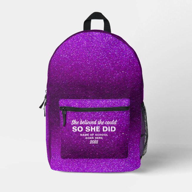 She Believed She Could Purple Glitter Sparkles Printed Backpack (Front)