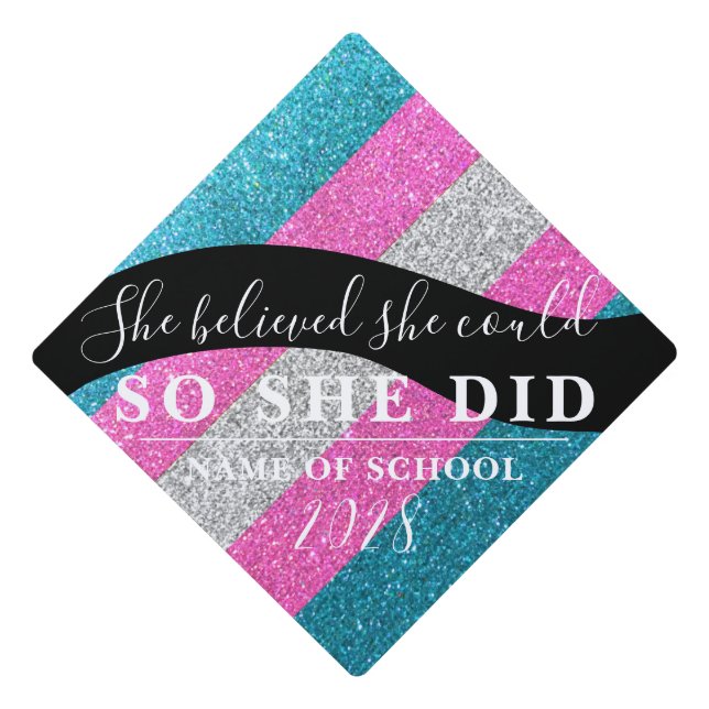 She Believed She Could Transgender Glitter Sparkle Graduation Cap Topper (Front)