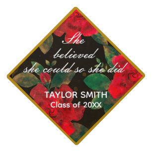 She Believed She Could Vintage Gold Red Roses Graduation Cap Topper