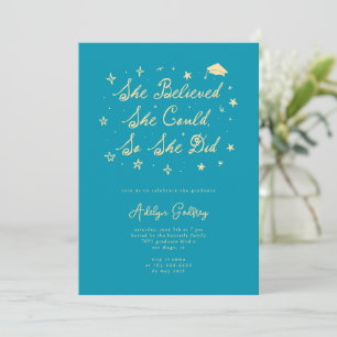 She Believed Typography Aqua Blue Graduation Party Invitation