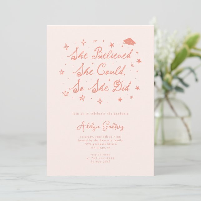 She Believed Typography Peach Graduation Party Invitation (Standing Front)
