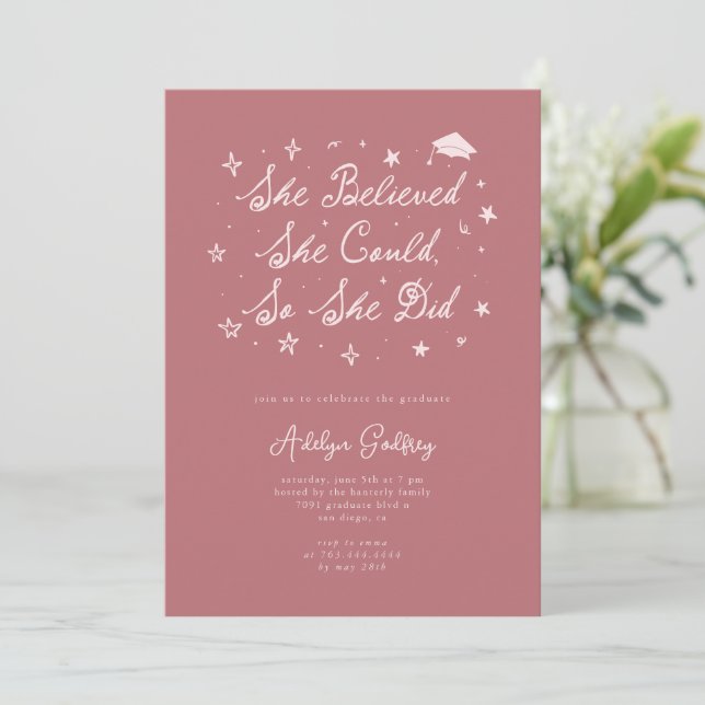 She Believed Typography Pink Graduation Party Invitation (Standing Front)