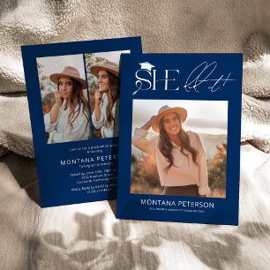 She Did It Blue & White 3 Photo Graduation Party Invitation