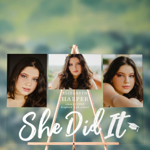 She Did It Brush Script 3 Photo Graduation Acrylic Sign