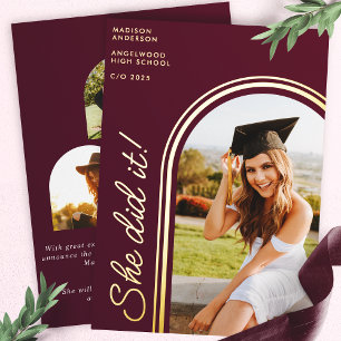 She Did It Burgundy Modern Arch Photo Graduation