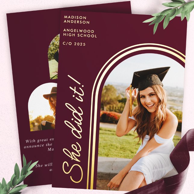 She Did It Burgundy Modern Arch Photo Graduation (Creator Uploaded)