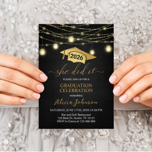 She Did It! Elegant Black Gold Graduation party Invitation