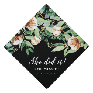 She Did It Eucalyptus Greenery Calligraphy Graduation Cap Topper