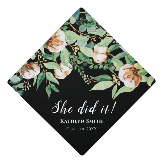 She Did It Eucalyptus Greenery Calligraphy Graduation Cap Topper (Front)