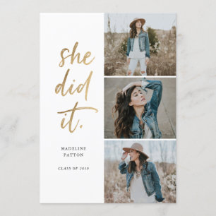 She Did It Gold & White Graduation Announcement
