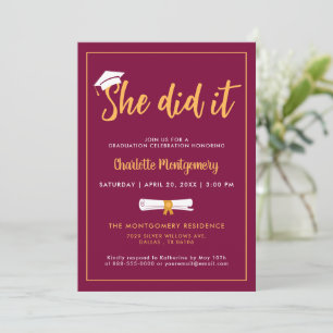 She Did It Grad Cap Burgundy Graduation Photo Invitation