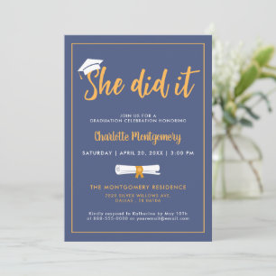 She Did It Grad Cap Dusty Blue Graduation Photo Invitation