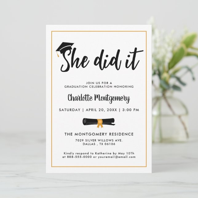 She Did It Grad Cap Tassel Graduation Party Photo  Invitation (Standing Front)