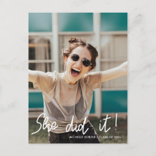 She Did It Graduate Script Handwritten Photo Announcement Postcard