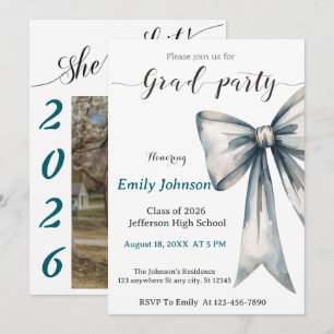 She did it Graduation invitation Photo Blue Bow 