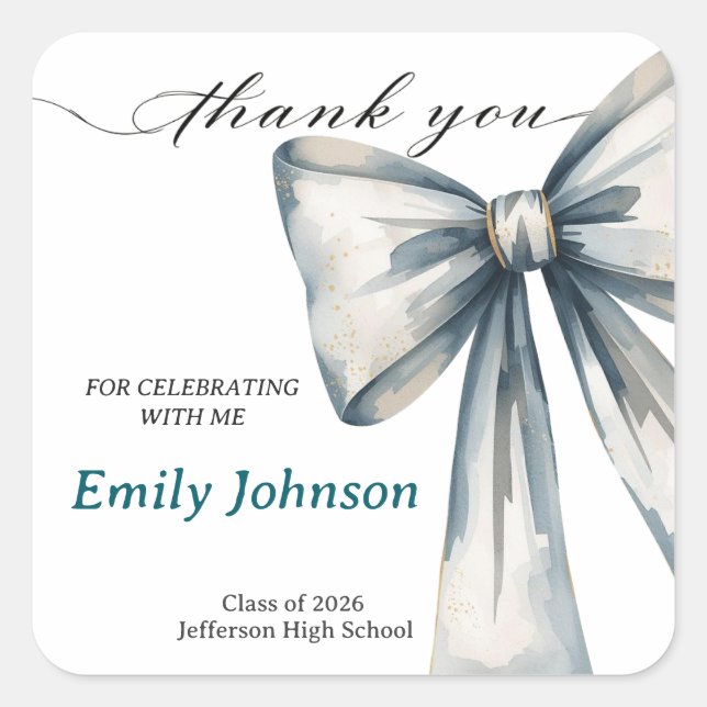 She did it Graduation invitation Photo Blue Bow  Square Sticker (Front)