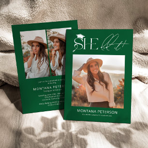 She Did It Green & White 3 Photo Graduation Party Invitation