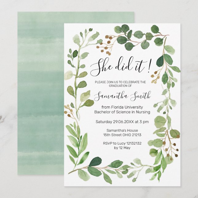 She did it Greenery Graduation Invitation (Front/Back)