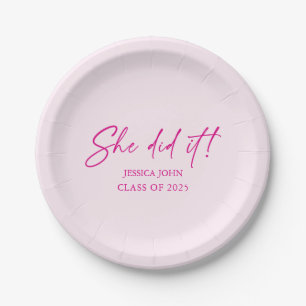 She did it minimal cute pink Graduation  Paper Plate