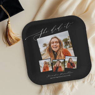 She Did It Minimalist Photo Grad Party Paper Plate