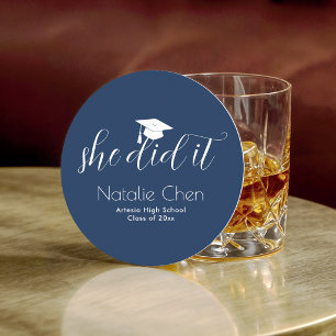 She did It Modern Blue Elegant Graduation Round Paper Coaster