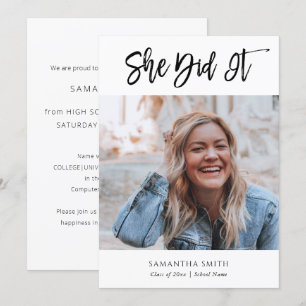 She Did It Modern Calligraphy Photo Graduation Announcement