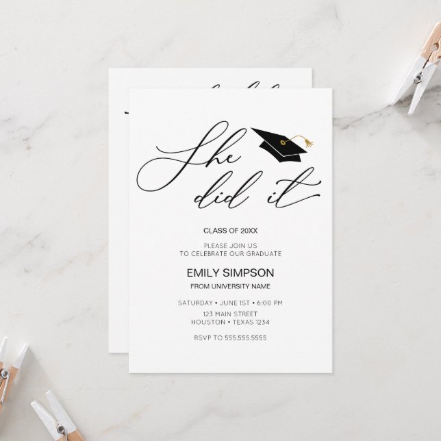 She did it modern Graduation invitation (Front/Back In Situ)