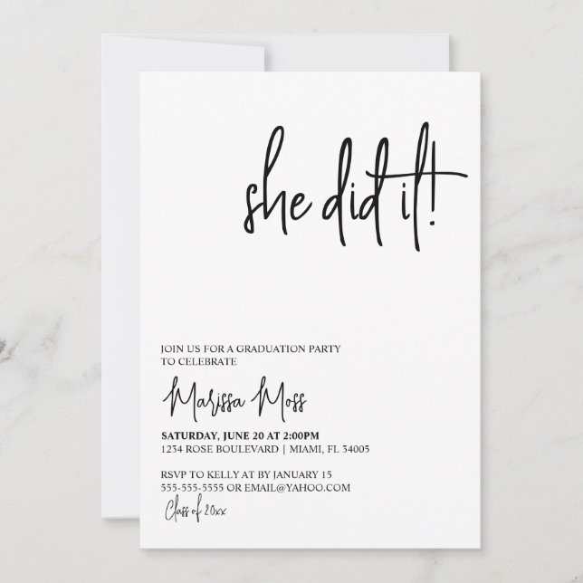 She Did It Modern Graduation Party Invitation (Front)