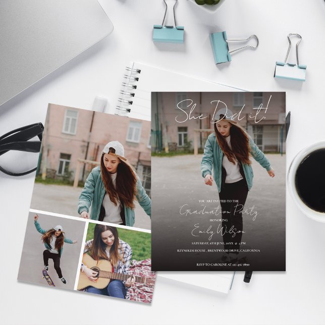 She Did It Multi Photo Graduation Party Invitation (She Did It Modern Photo Graduation Party Invitation Postcard | Multi Photo Grad Party )