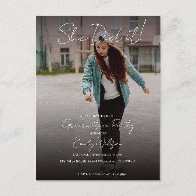 She Did It Multi Photo Graduation Party Invitation Postcard (Front)