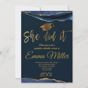 She Did It - Navy And Gold Graduation Party Invitation