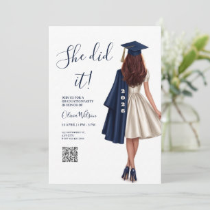 She Did It Navy Blue Elegant Girl Graduation Invitation