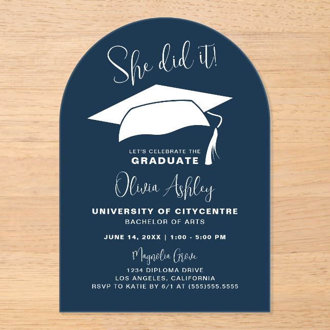 She Did It Navy Graduation Acrylic Invitations (Front)