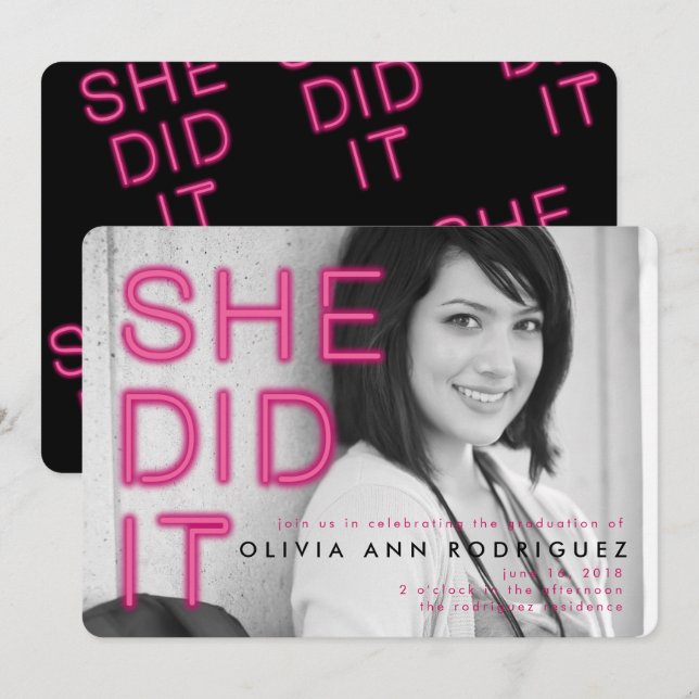 She Did It Neon Light Graduation Party Invitation (Front/Back)