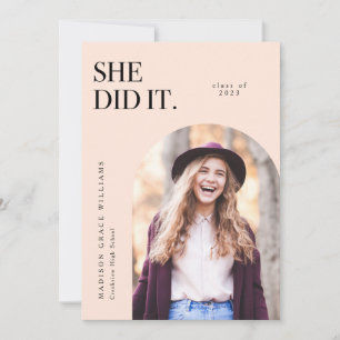 She Did It Peach Arch Graduation Announcement