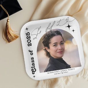 She Did It Photo Graduation Party Retro Typography Paper Plate