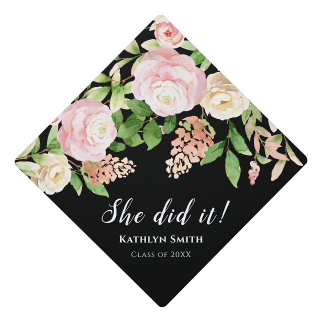 She Did It Pink Floral Calligraphy Graduation Cap Topper (Front)