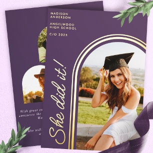 She Did It Purple Modern Arch Photo Graduation