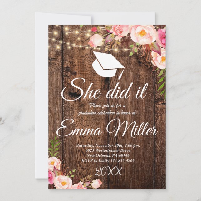 She Did It - Rustic Graduation Party Invitation (Front)